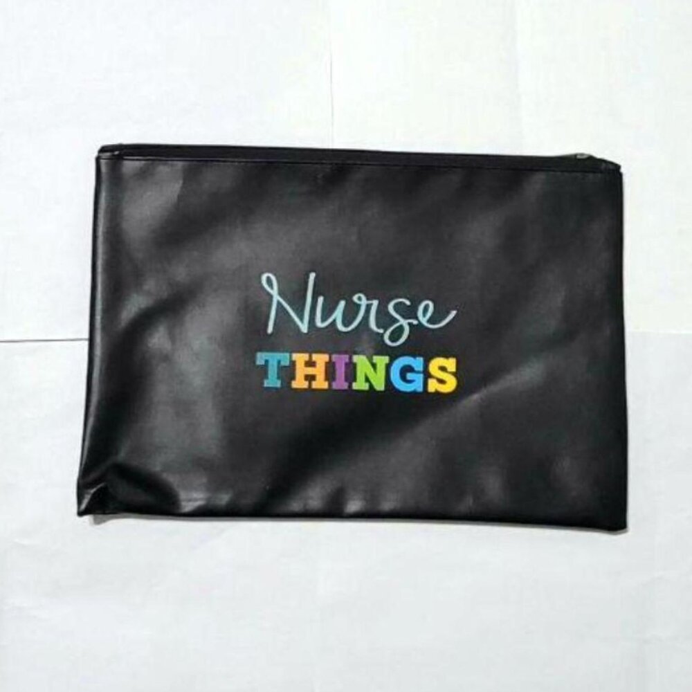 Black Zippered Pouch With Colorful Embroidered “Nurse THINGS” Text